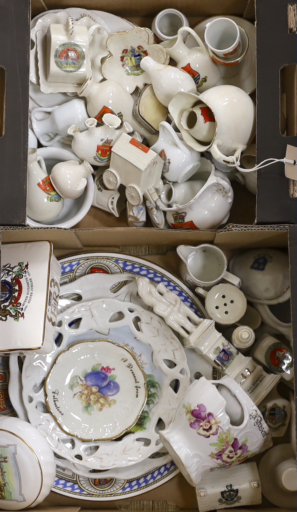 55 items Crested china, Folkestone, Whitstable, Leamington Spa, Channel Tunnel, etc